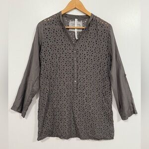 Johnny Was Vintage Eyelet Silk Tunic Blouse Gray S